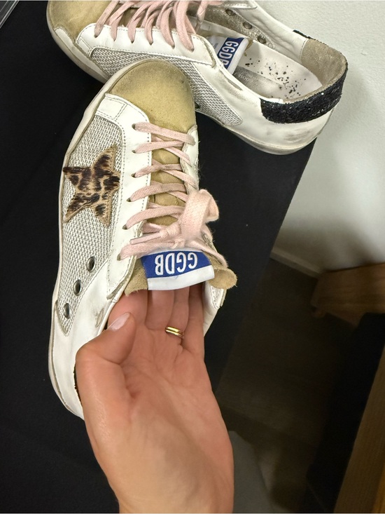 Golden Goose Shoes - Golden Goose White Leather Low-Top Sneakers with Pink Laces and Leopard Star